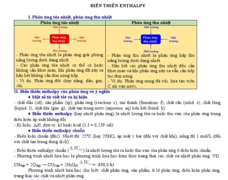 khái niệm và định nghĩa biến thiên enthalpy trong hóa học